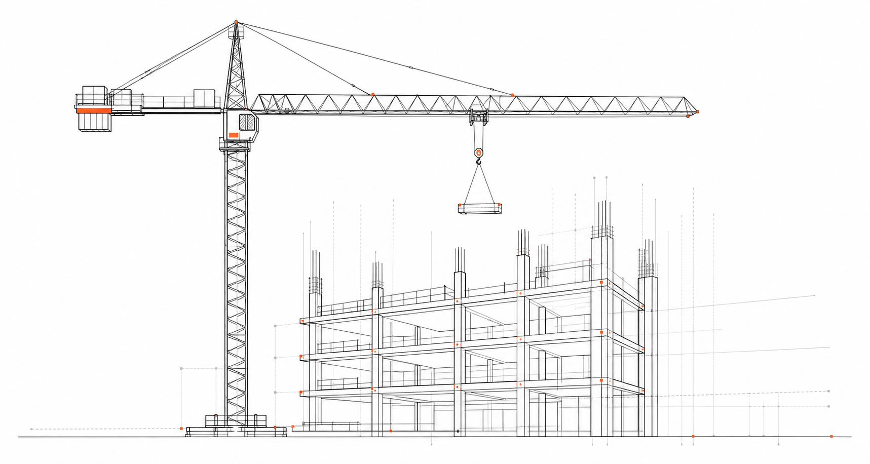 Minimal line illustration of a tower crane beside a building frame